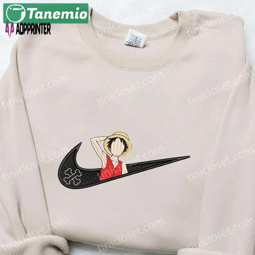 Swoosh x monkey d luffy anime embroidered sweatshirt – nike inspired cool anime clothing Embroidered Shirt