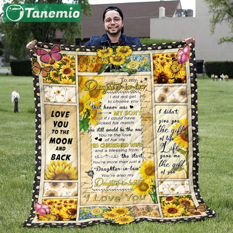 To my daughter in law blanket - his cherished wife and a blessing quilt blanket - sunflower theme gift for daughter Quilt Blanket