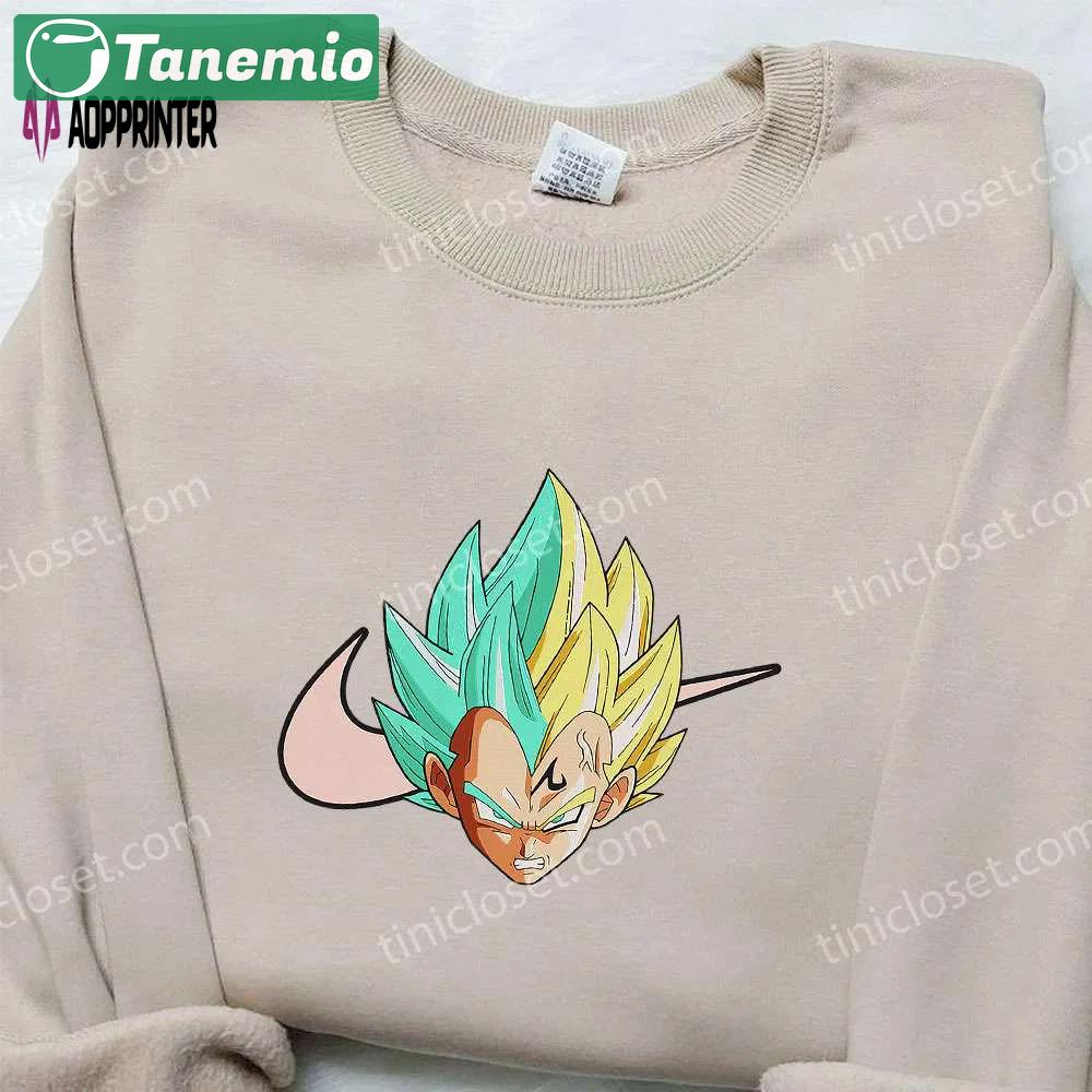 Vegeta head x nike swoosh anime hoodie & dragon ball embroidered shirt nike inspired apparel Embroidered Shirt