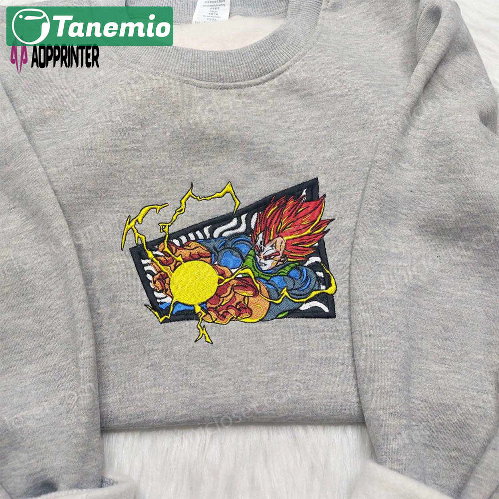 Vegeta super saiyan blue shirt: dragon ball embroidered sweatshirt – anime inspired attire Embroidered Shirt