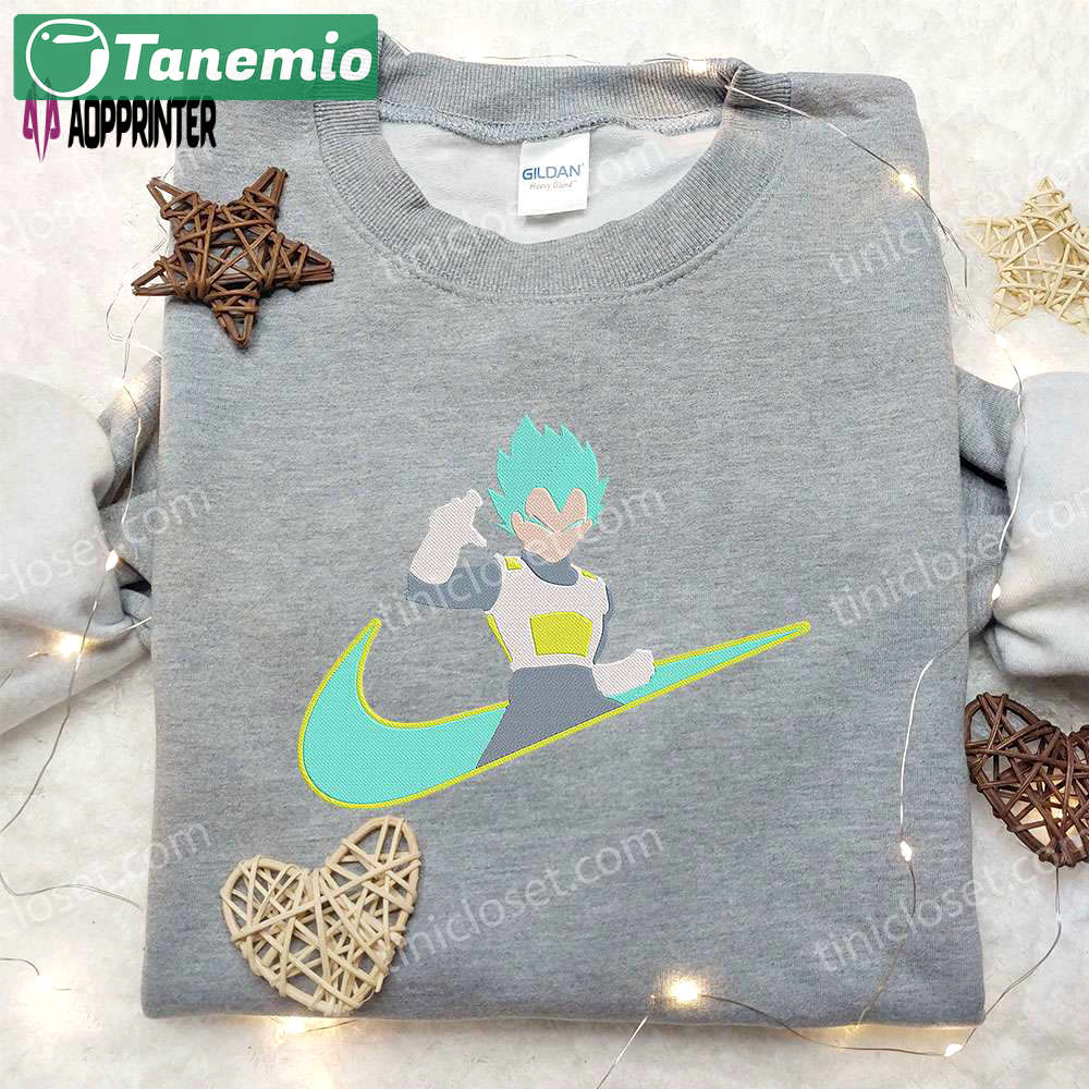 Vegeta super saiyan x nike swoosh anime embroidered hoodie & dragon ball shirt – nike inspired apparel Embroidered Shirt