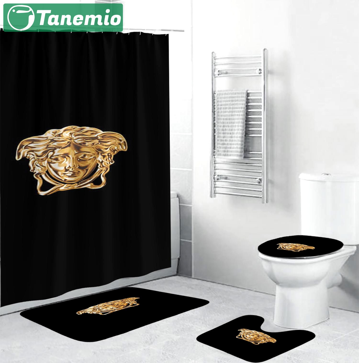 Versace golden medusa face in black logo type 1331 Bathroom Accessory Sets Luxury Fashion Brand Hypebeast Bathroom Home Decor Bathroom Sets Bath Mat Set Waterproof Shower Curtain Toilet Cover Pedestal Rug