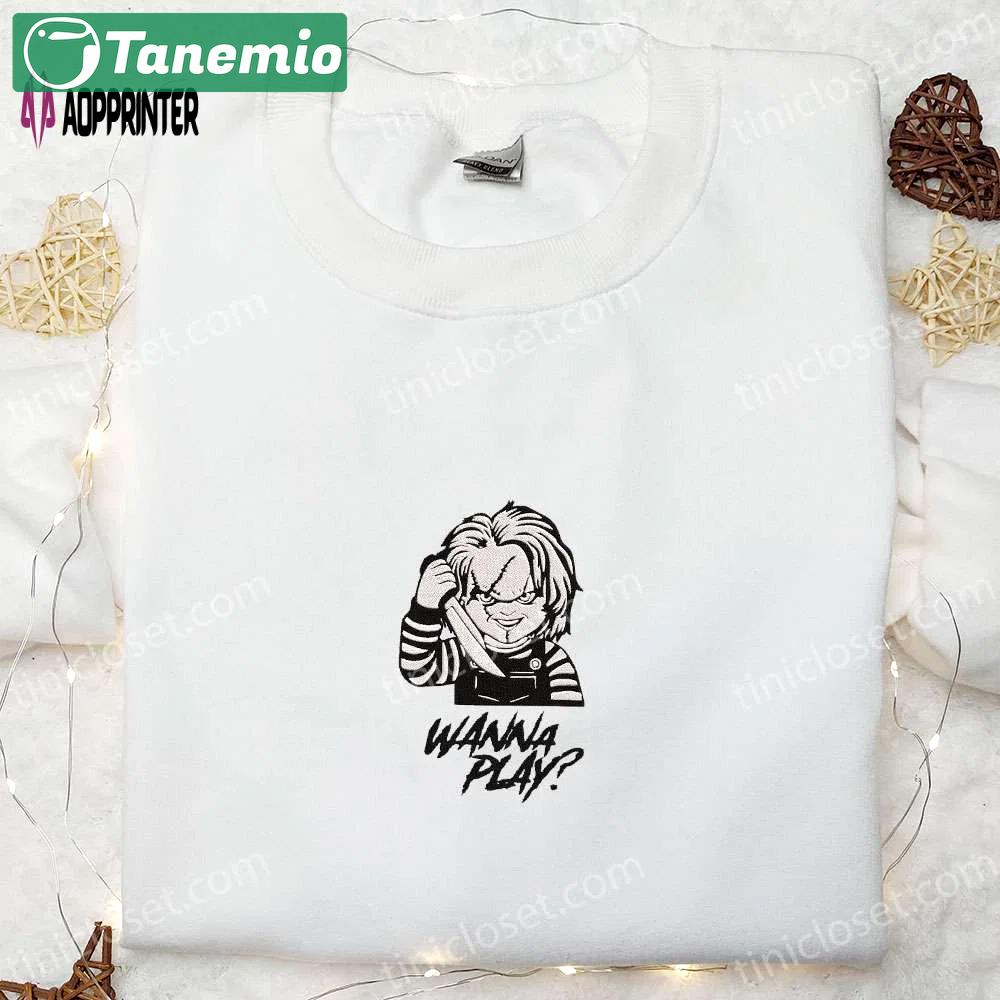 Wanna play chucky embroidered shirt – scary halloween gift for family Embroidered Shirt