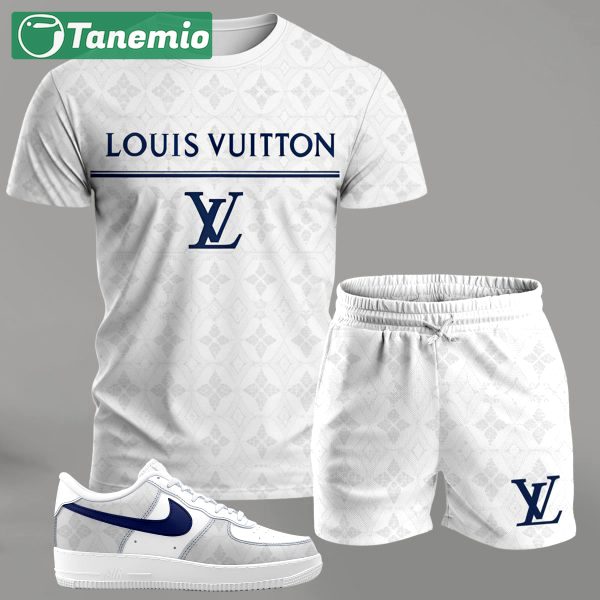 White minimalist streetwear set for men, logo-print t-shirt and shorts combo with blue-accent sneakers T-Shirt Short Sneakers Set