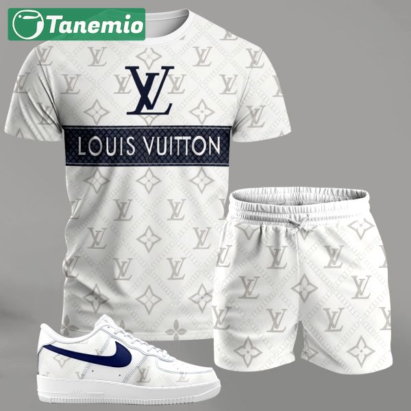 White monogram streetwear set for men, contrast stripe t-shirt and matching shorts with blue-accent sneakers T-Shirt Short Sneakers Set