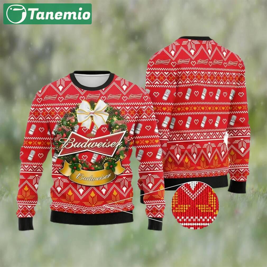 Wreath budweiser beer ugly christmas sweater, faux wool sweater, gifts for beer lovers, international beer day, best christmas gifts for 2022 ? prinvity Christmas Ugly Sweater