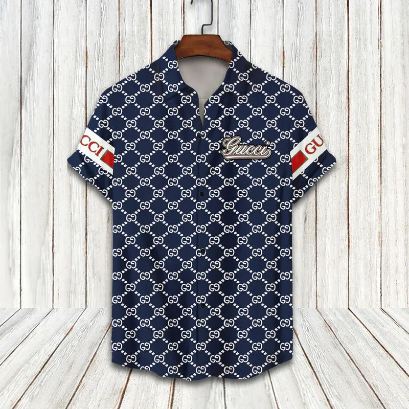 Gucci dark blue luxury brand fashion hawaii shirt for men 12 Hawaii Shirt