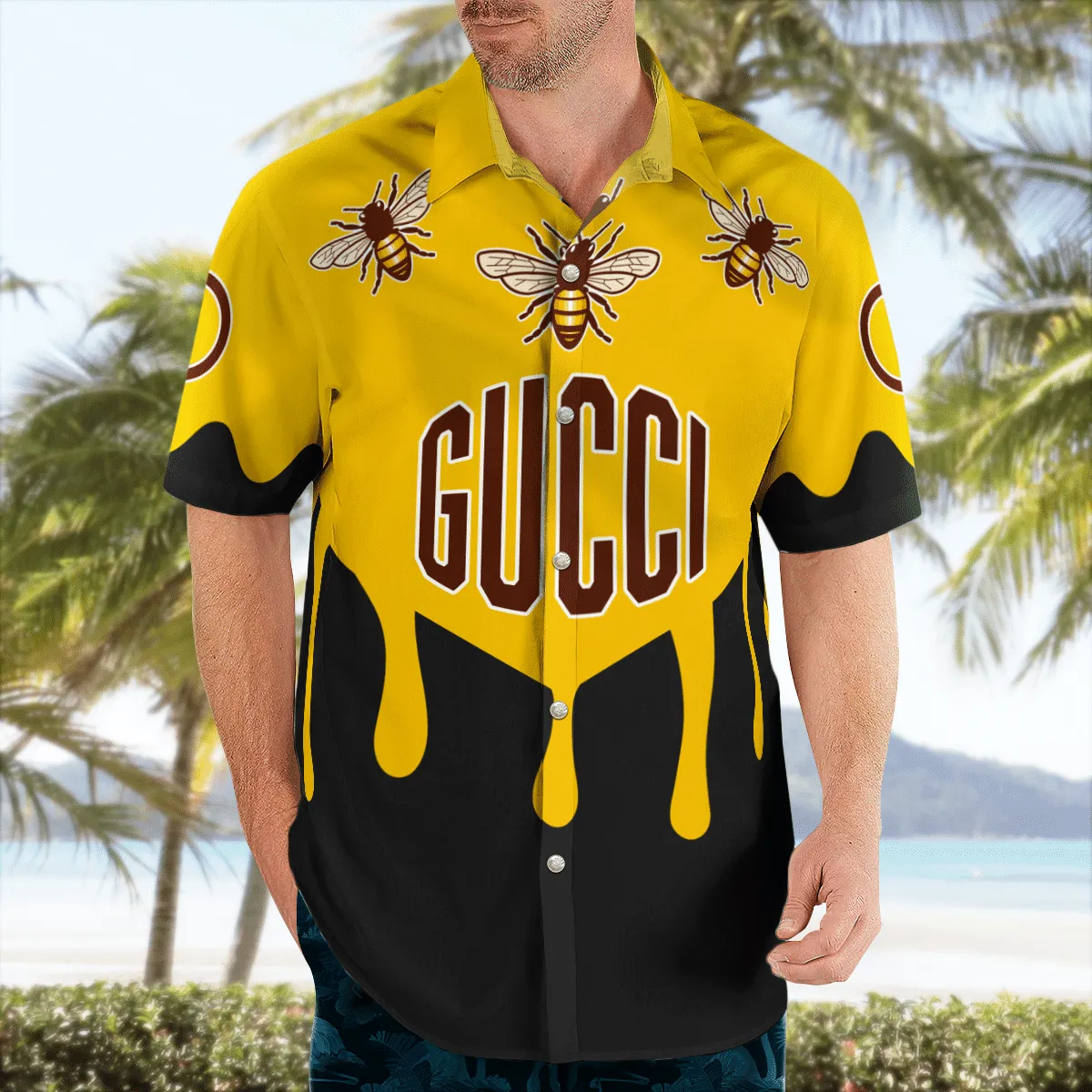 Gucci bee black yellow luxury brand premium fashion hawaii shirt for men 22 Hawaii Shirt