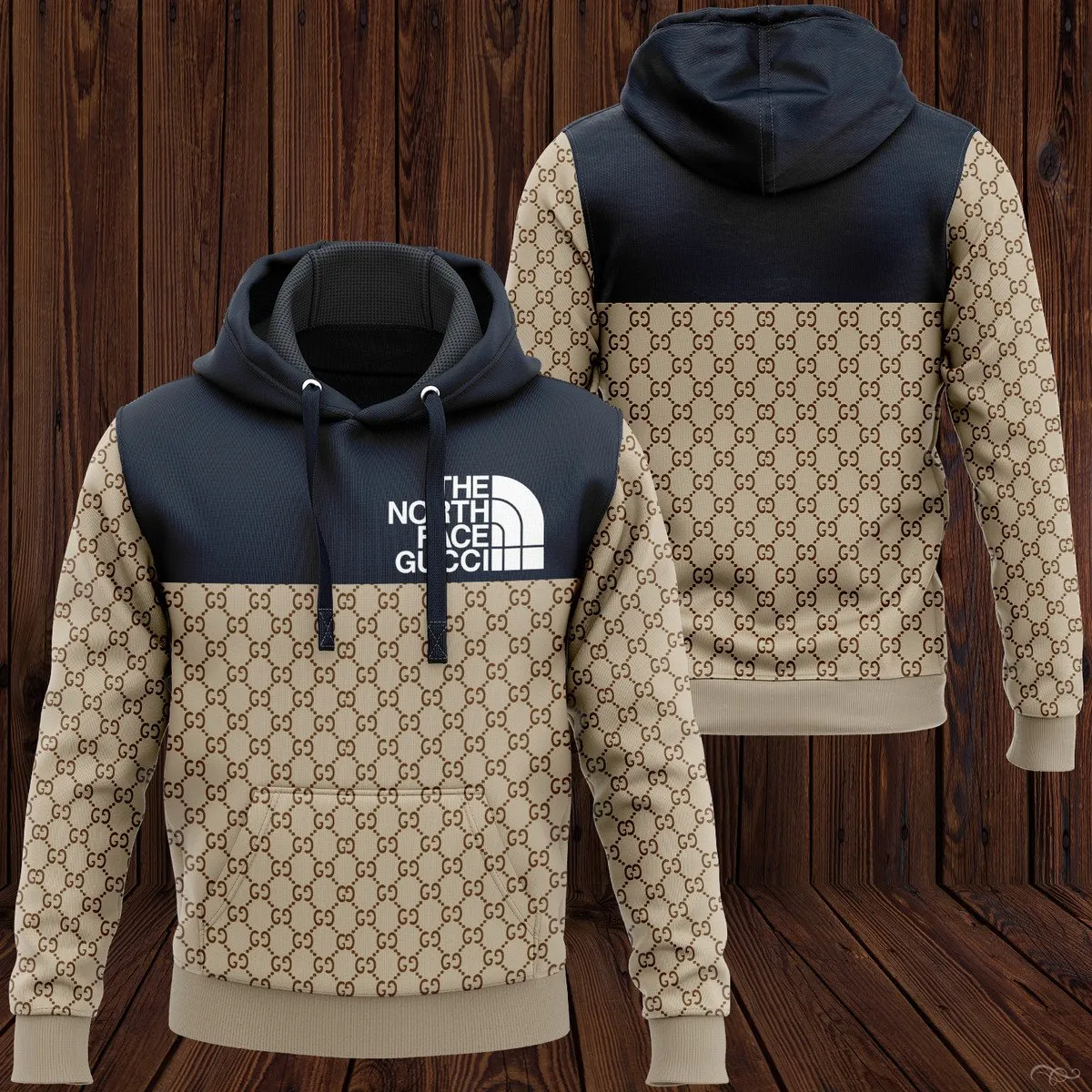 Gucci the north face hoodie dark blue and brown foren Zipper Hoodie 3D