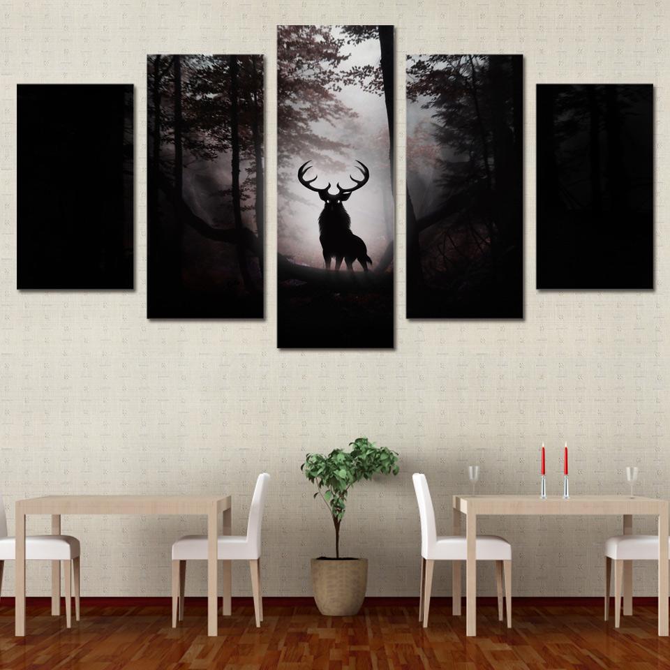 Deer in the dark forest  animal   Canvas Art - Collection Beautiful Room Creative Living Room Wall Decor