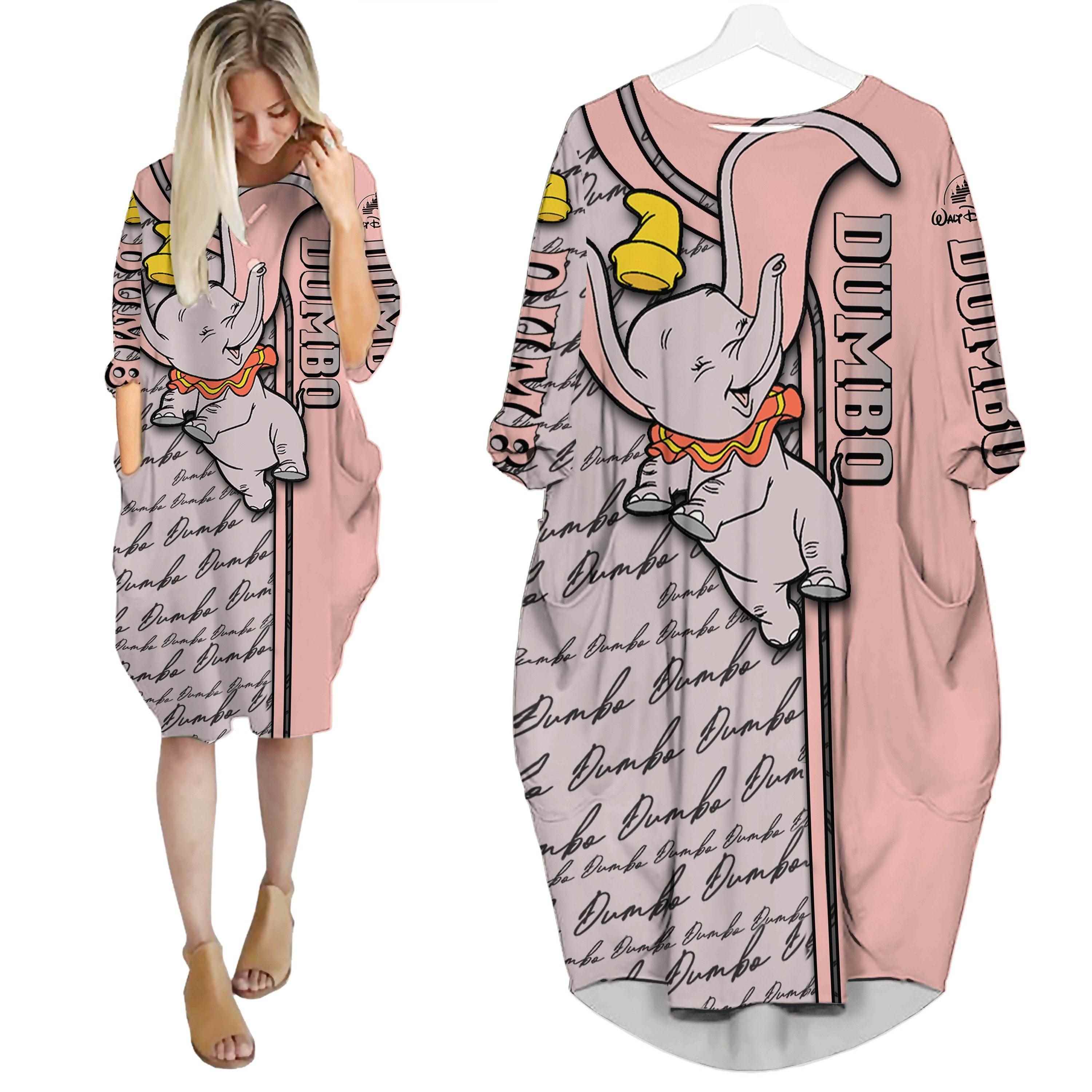 Dumbo elephant pattern cute disney cartoon batwing pocket dress outfits women hn Batwing Pocket Dress