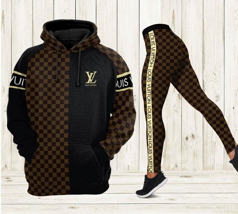 Louis vuitton luxury brand brown chess pattern 3d hoodie leggings set lv gift hn 85 Hoodie Leggings Set