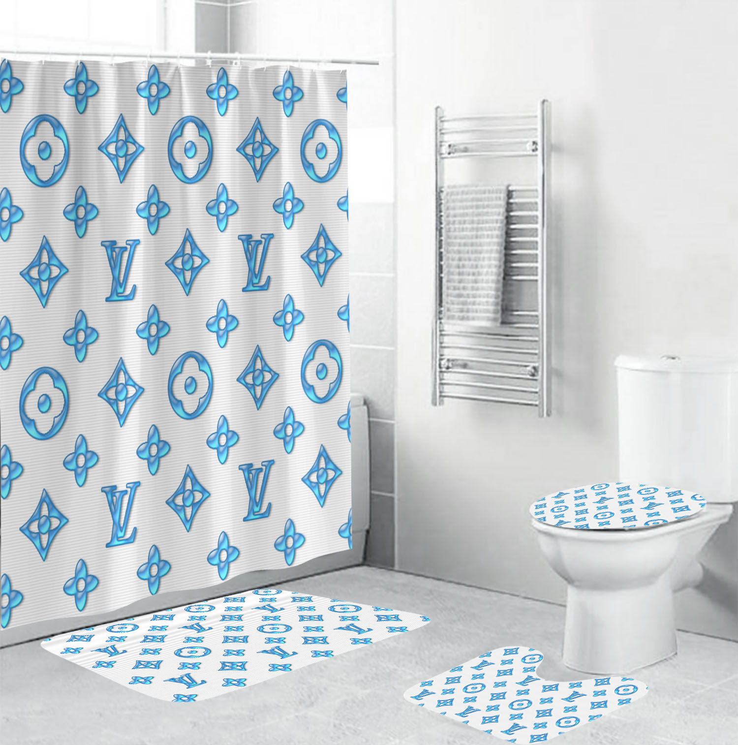 Louis vuitton lv blue bathroom set hot 2023 luxury shower curtain bath rug mat home decor 106 Bathroom Accessory Sets