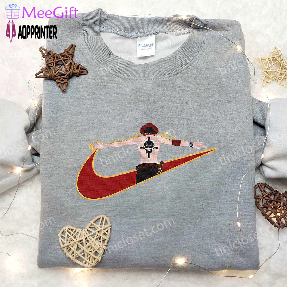 Anime hoodie: portgas d ace x nike swoosh embroidered – one piece & nike inspired shirt Embroidered Shirt