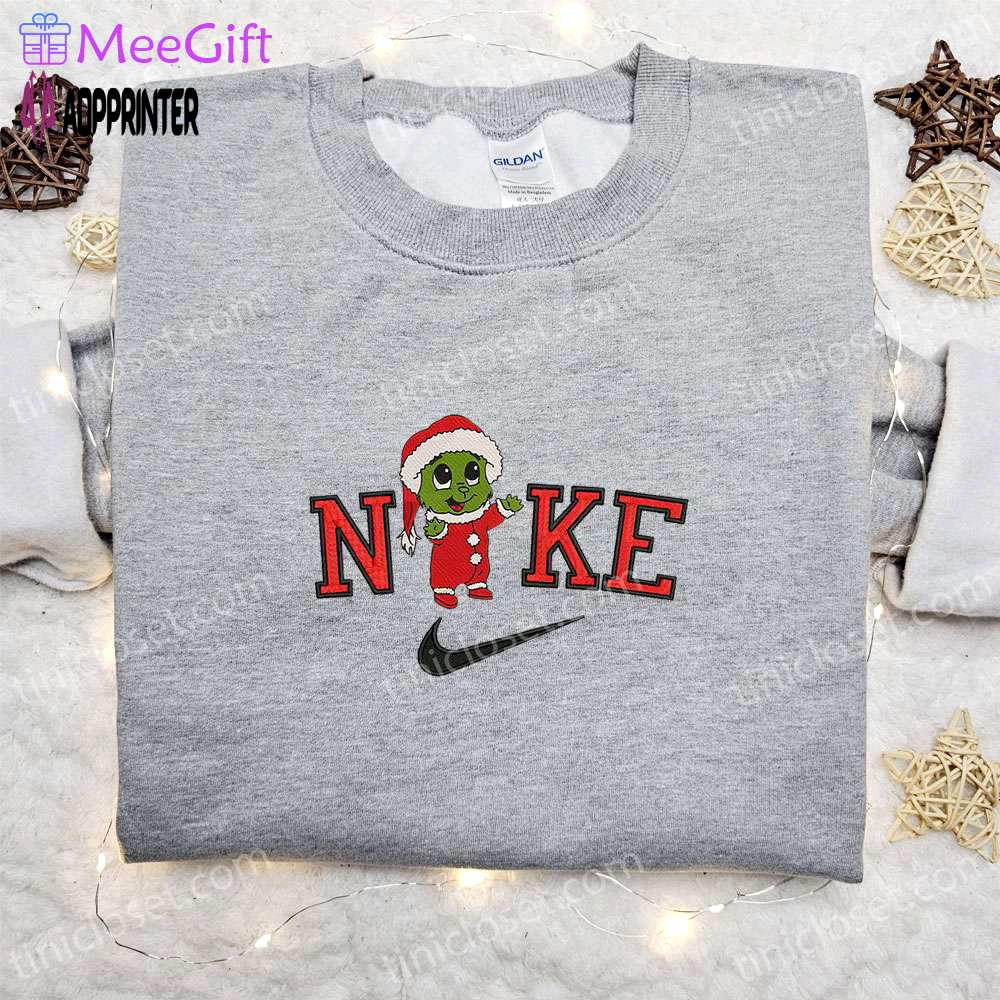 Baby grinch santa x nike embroidered sweatshirt – festive movie christmas shirt perfect gift idea Embroidered Shirt