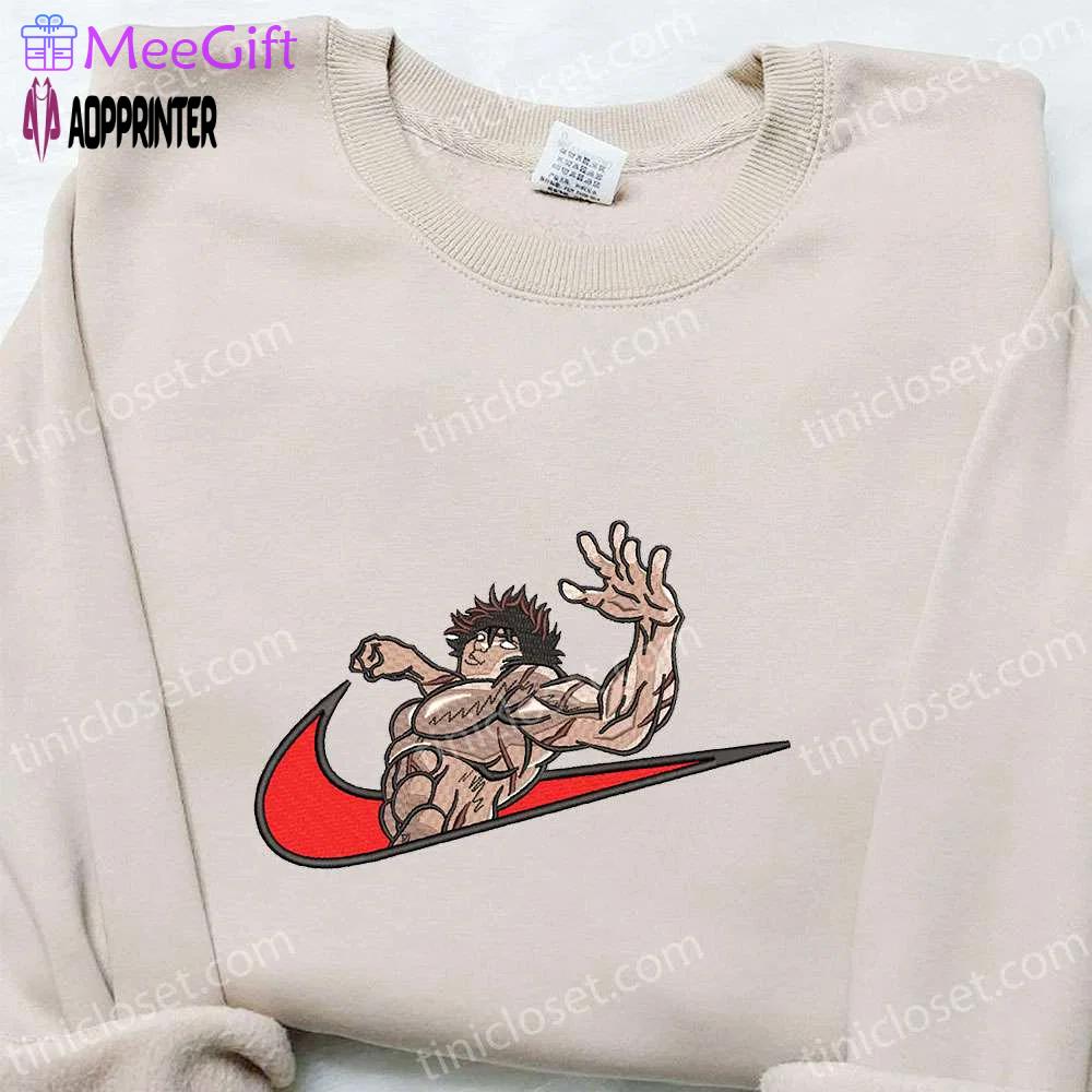Baki hanma x nike swoosh anime embroidered shirt: best nike inspired gift for family Embroidered Shirt