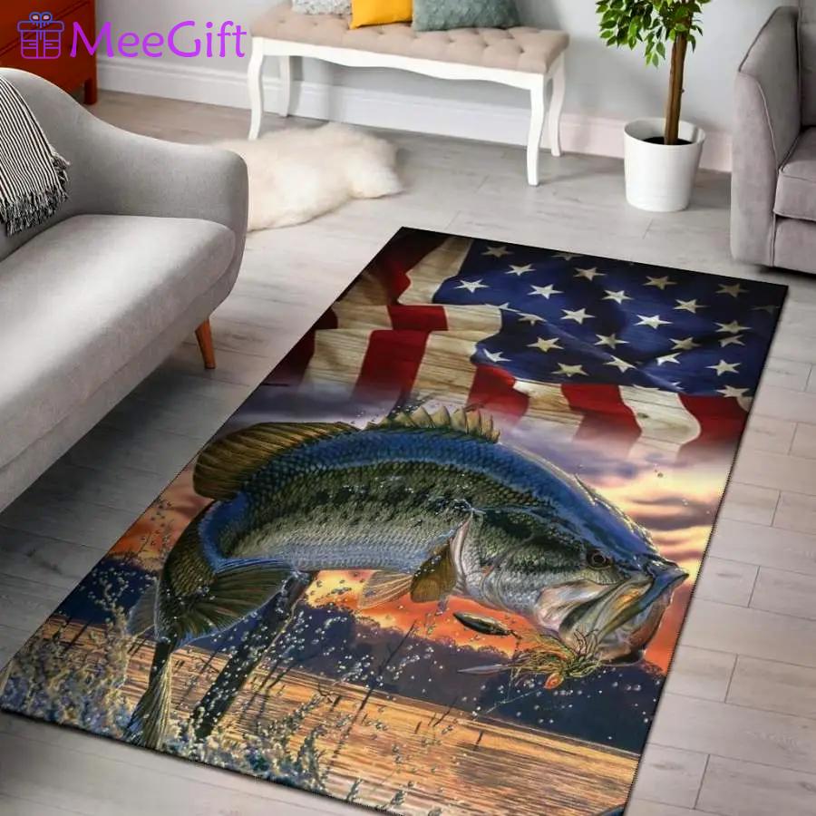 Bass fish american flag area rug living room rug home decor carpets Rectangle Rug