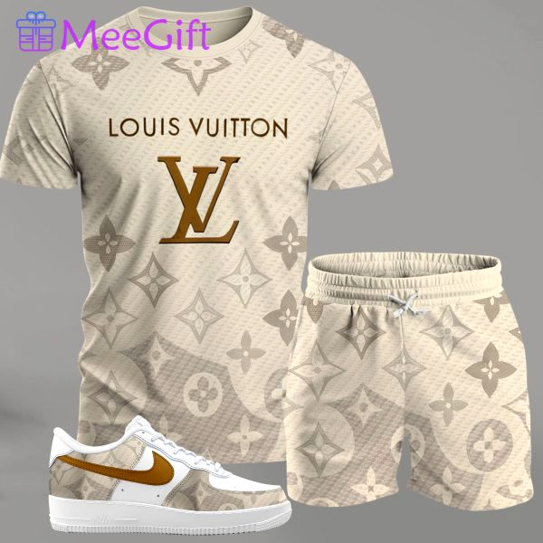 Beige monogram streetwear set for men, gradient pattern t-shirt and matching shorts with gold-accent sneakers T-Shirt Short Sneakers Set