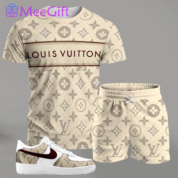 Beige monogram streetwear set for men, stripe-logo t-shirt and matching shorts with red-accent sneakers T-Shirt Short Sneakers Set