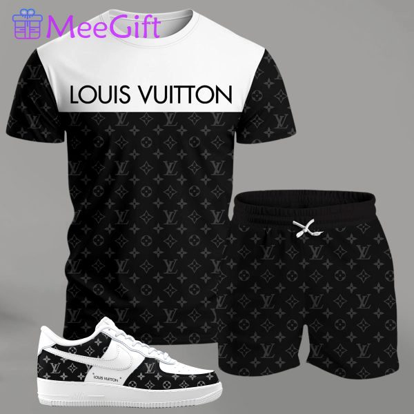 Black and white contrast streetwear set for men, split design t-shirt and monogram shorts with matching sneakers T-Shirt Short Sneakers Set