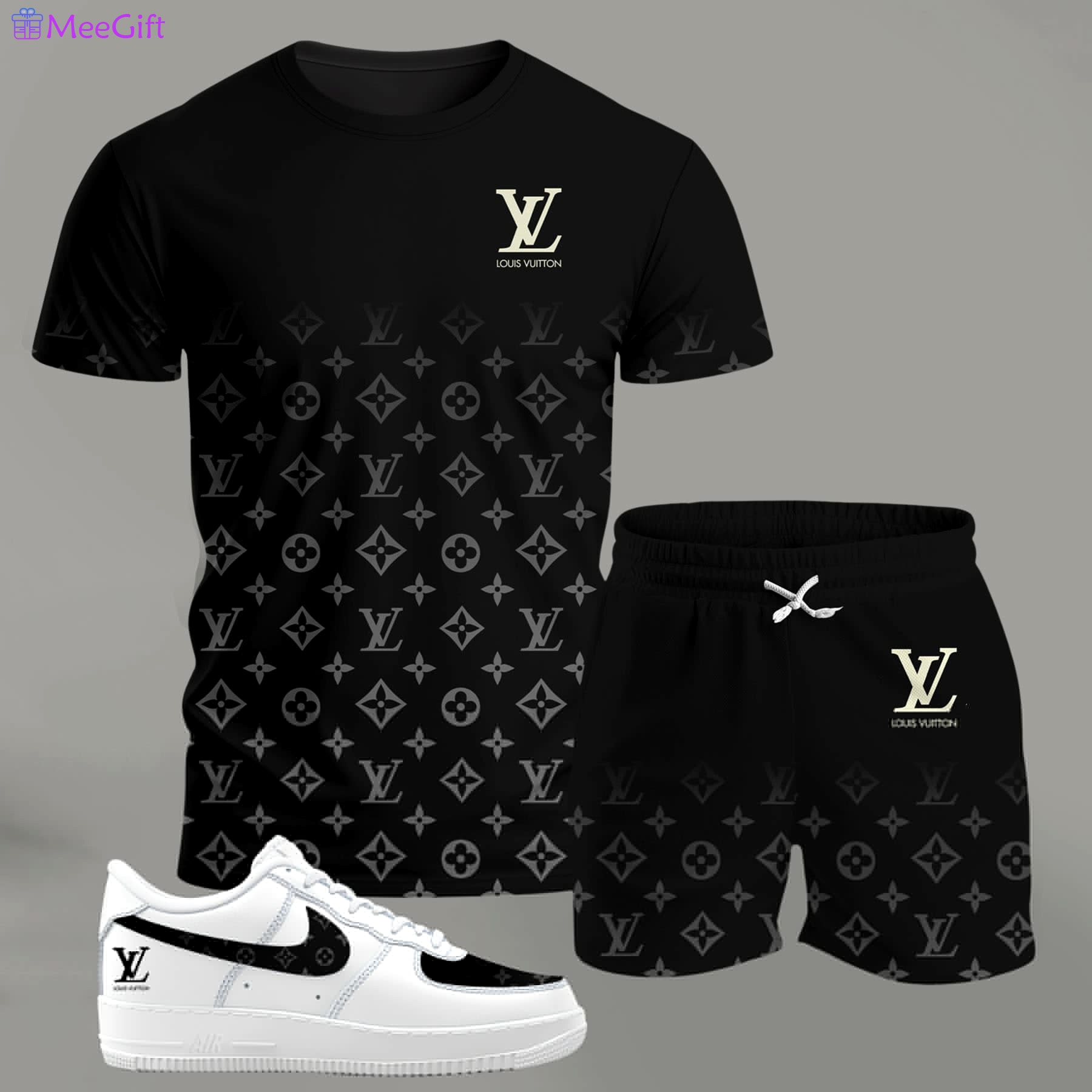 Black gradient monogram set for men, minimal luxury t-shirt and shorts combo with clean contrast sneakers T-Shirt Short Sneakers Set