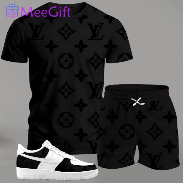 Black monogram streetwear set for men, minimalist all-over pattern t-shirt and shorts combo with white sneakers T-Shirt Short Sneakers Set