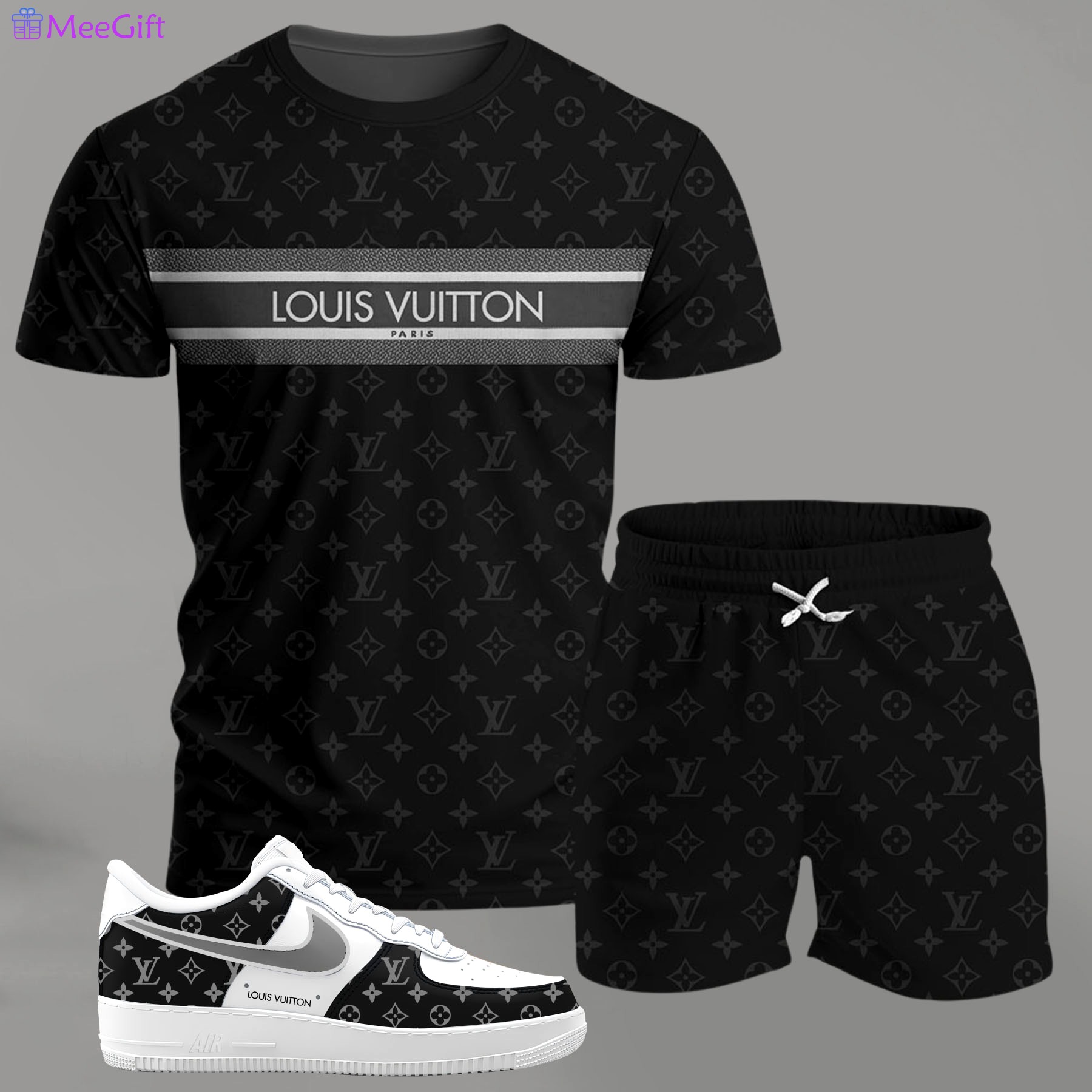 Black monogram stripe set for men, minimal patterned t-shirt and shorts combo with clean contrast sneakers T-Shirt Short Sneakers Set