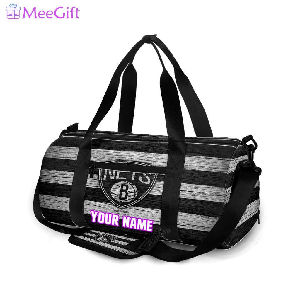 Brooklyn nets ball black white wood personalized name travel bag gym bag 524 Travel Bag