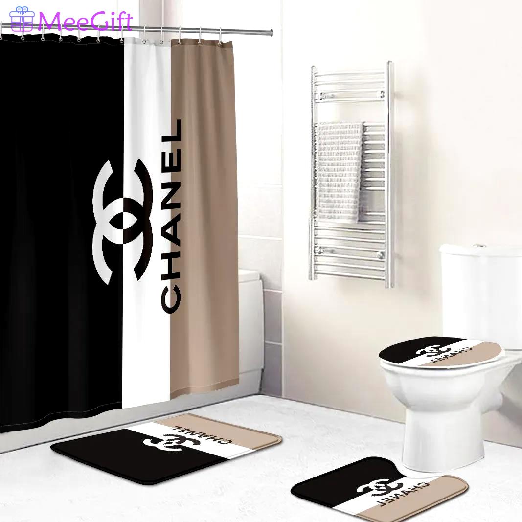 Chanel black and white beige bathroom set hypebeast luxury fashion brand bath mat home decor Bathroom Set