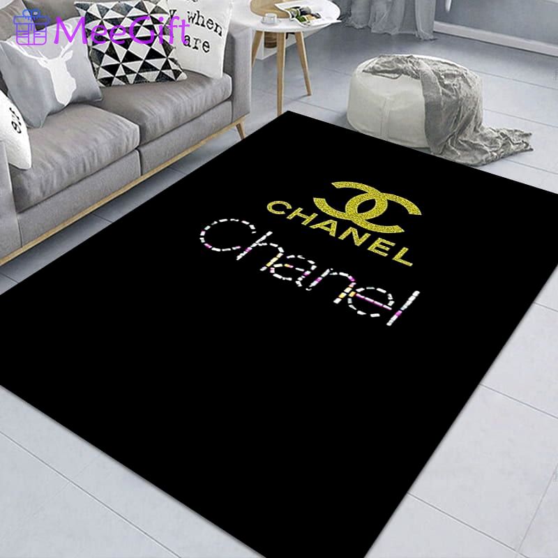 Chanel black logo type 546. Upgrade Your Living Room with Luxury Home Decor: Area Carpets, Floor Decor, Door Mats, and Hot Gift Items with style a High-End Fashion Brand Rectangle Rug
