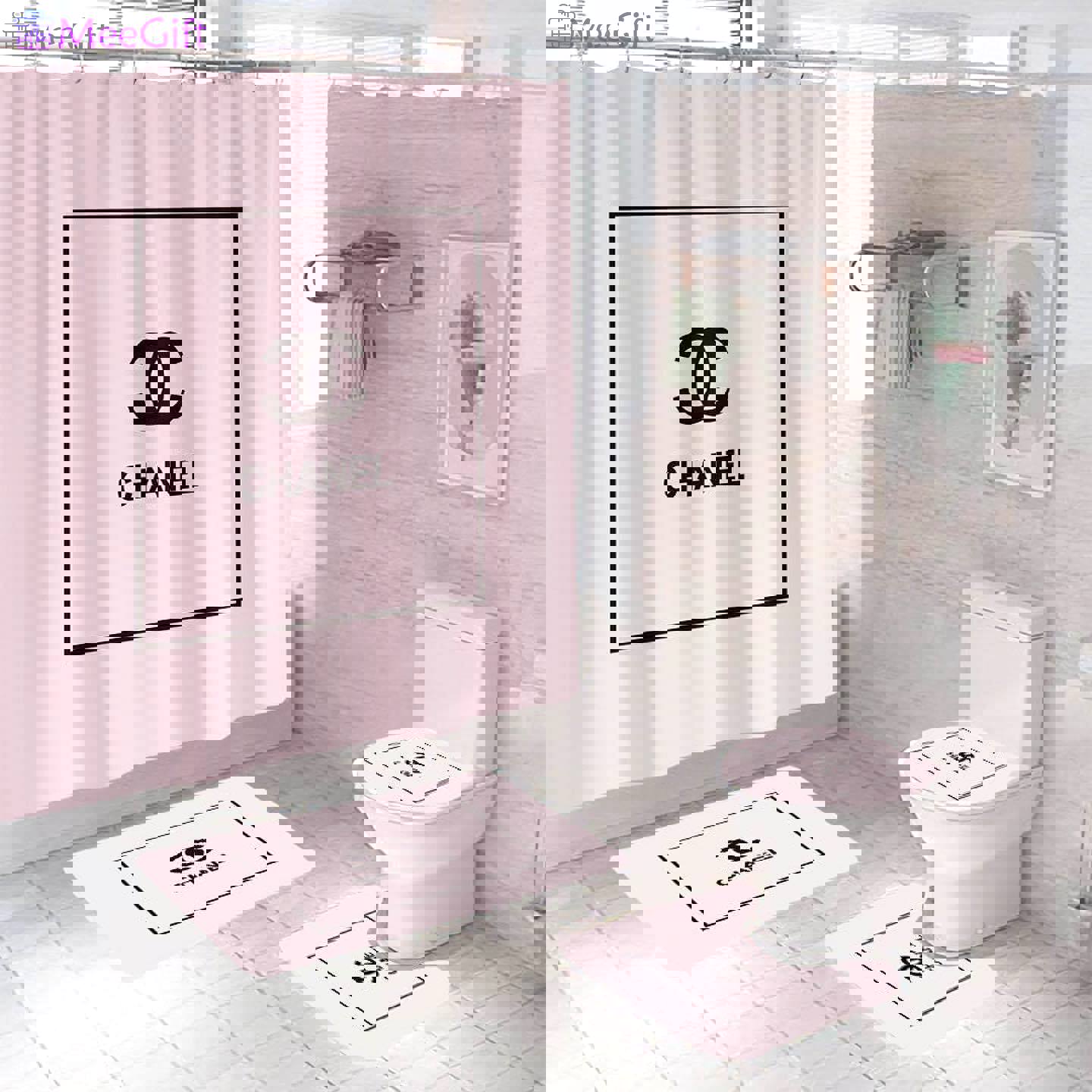 Chanel light pink logo type 740 Bathroom Accessory Sets Waterproof Shower Curtain Toilet Cover Luxury Fashion Brand Pedestal Rug Home Decor Hypebeast Bathroom Bath Mat Set Bathroom Sets