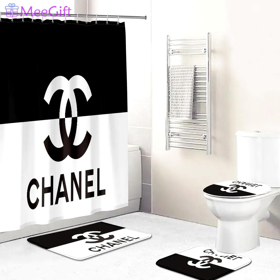 Chanel logo type 1512 Bathroom Accessory Sets Toilet Cover Luxury Fashion Brand Waterproof Shower Curtain Bathroom Sets Bath Mat Set Hypebeast Bathroom Home Decor Pedestal Rug