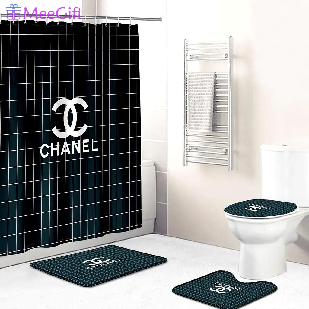 Chanel logo type 553 Bathroom Accessory Sets Pedestal Rug Bathroom Sets Hypebeast Bathroom Luxury Fashion Brand Home Decor Waterproof Shower Curtain Bath Mat Set Toilet Cover