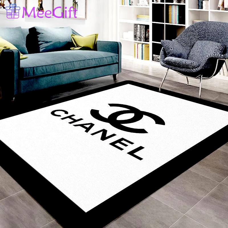 Chanel white logo type 255. Upgrade Your Living Room with Luxury Home Decor: Area Carpets, Floor Decor, Door Mats, and Hot Gift Items with style a High-End Fashion Brand Rectangle Rug