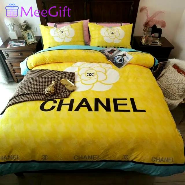 Chanel yellow roses bedding 3d printed bedding sets quilt sets duvet cover luxury brand bedding decor bedroom sets best luxury bed sets gift thankgivings and christmas Bedding Sets