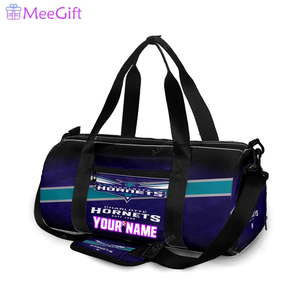 Charlotte hornets navy blue black personalized name travel bag gym bag 833 Travel Bag