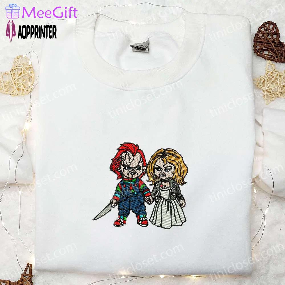 Chucky and tiffany embroidered shirt: scary halloween gifts for family Embroidered Shirt