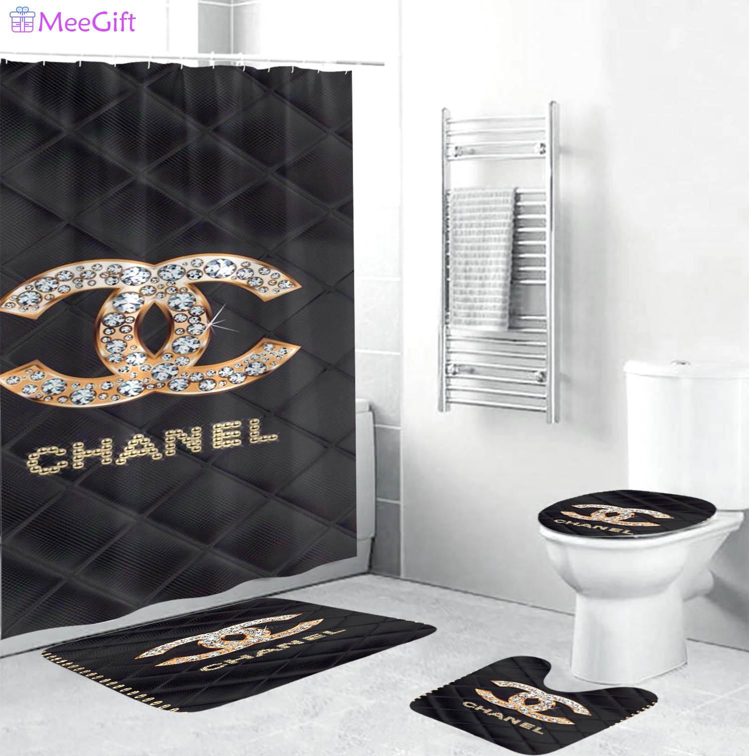 Coco chanel golden logo with full of diamonds in argyle background bathroom set shower curtain Bathroom Set