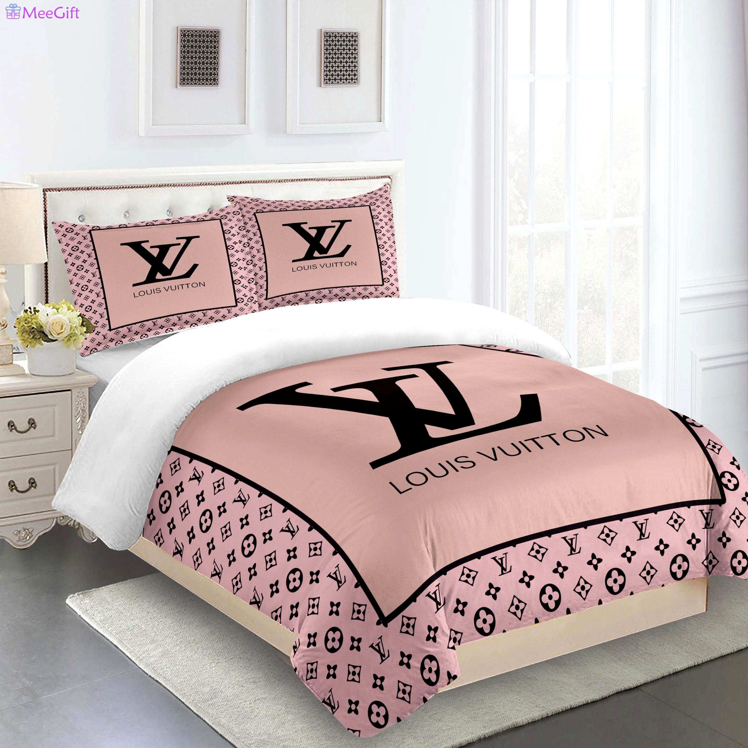 Comforter sets full pink and black louis vuitton bedding set Bedding Sets