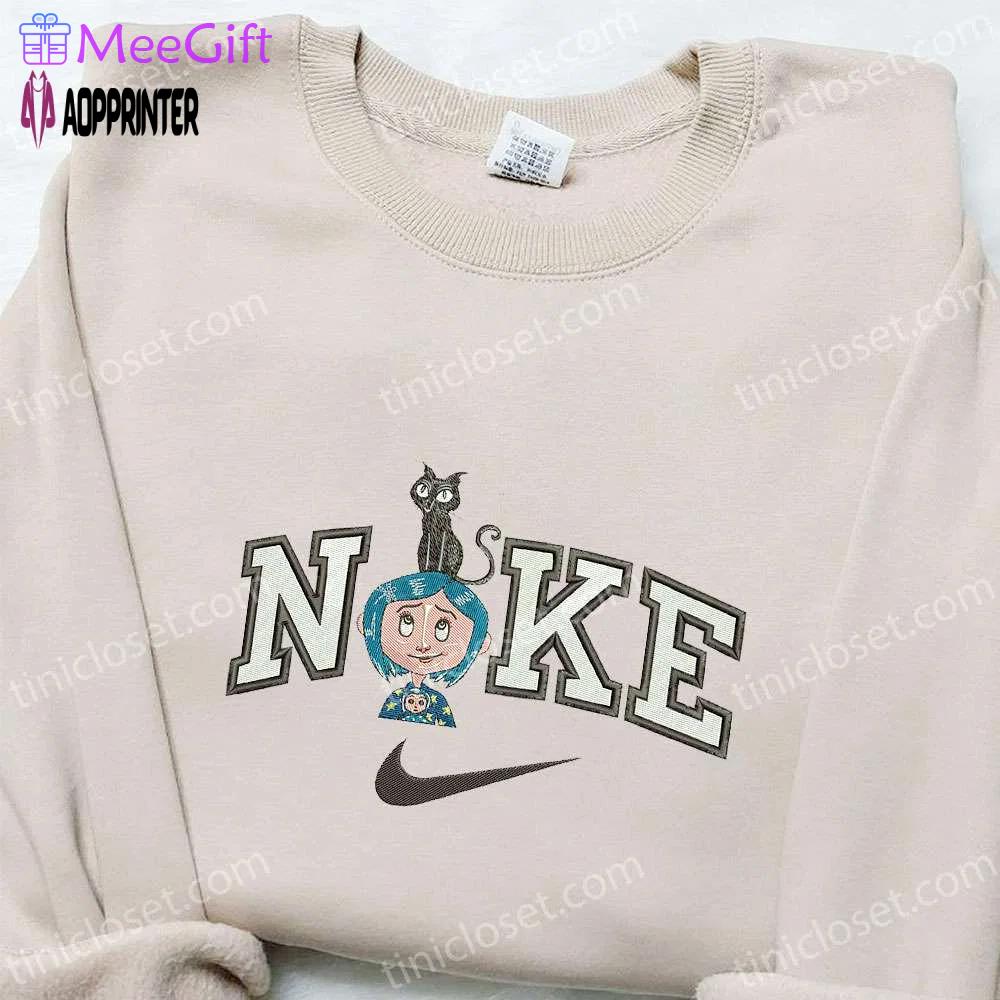 Coraline & cat x nike cartoon embroidered shirt – halloween & nike inspired design Embroidered Shirt