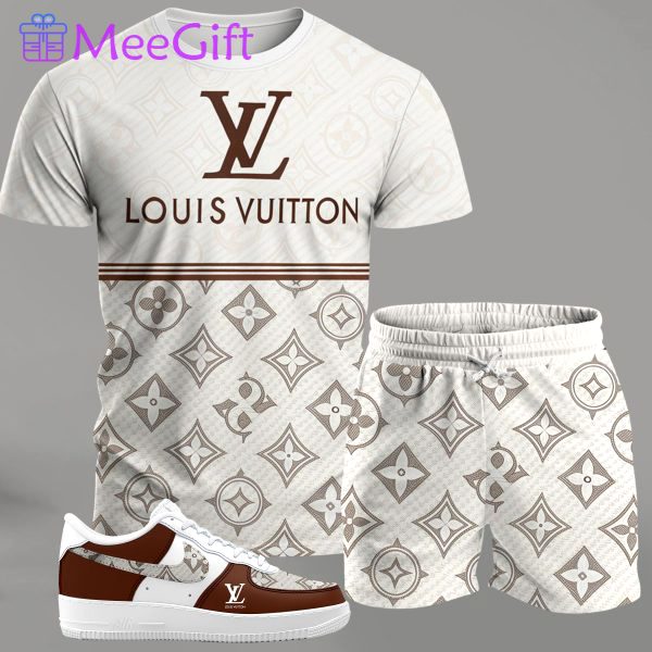 Cream monogram streetwear set for men, logo-print t-shirt and matching shorts with brown accent sneakers T-Shirt Short Sneakers Set