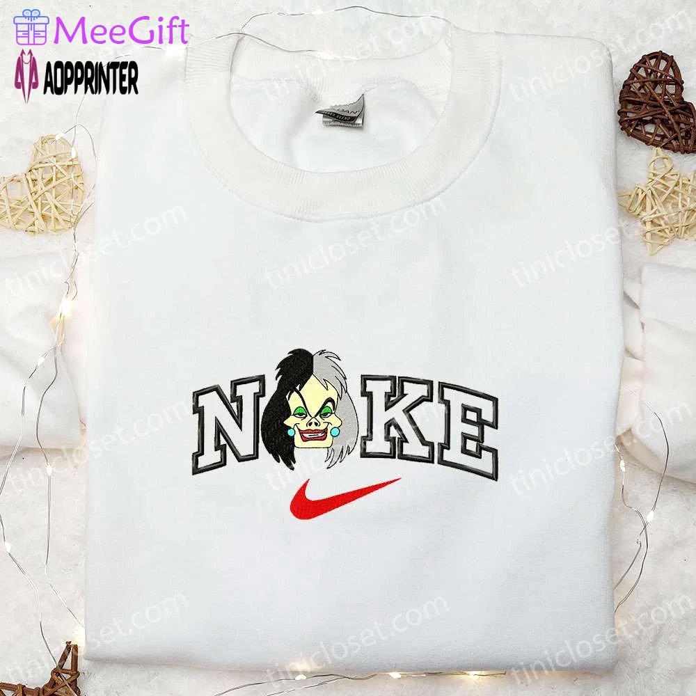 Cruella x nike cartoon embroidered shirt: stylish cruella de vil inspired nike shirt Embroidered Shirt