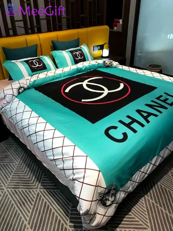 Cyan chanel bedding sets luxury brand bed sets, bedroom sets, comforter sets, duvet cover, bedspread for home decor trending 2023 for home Bedding Sets