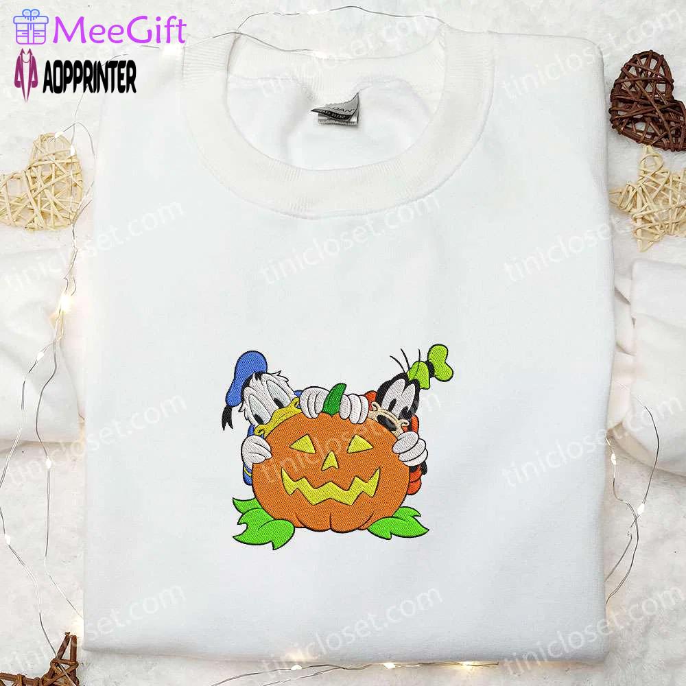 Disney halloween sweatshirt: donald duck & goofy with pumpkin embroidery Embroidered Shirt