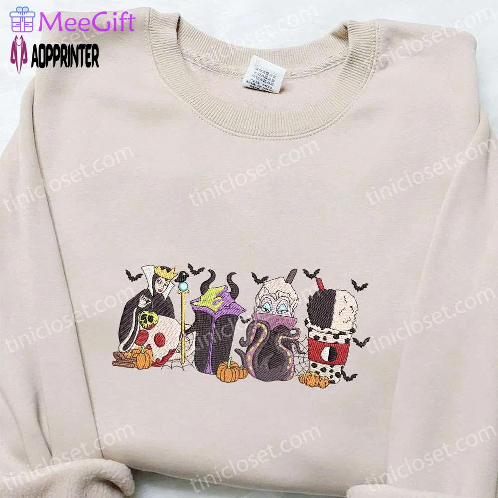 Disney villains fall coffee embroidered sweatshirt & hoodie: best halloween gift ideas Embroidered Shirt