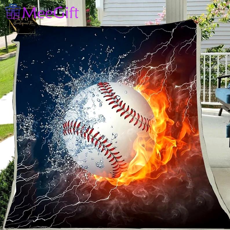 Element fire water baseball fleece blanket, mink sherpa blanket, baseball blanket, element baseball quilt, baseball player gift quilt Quilt Blanket