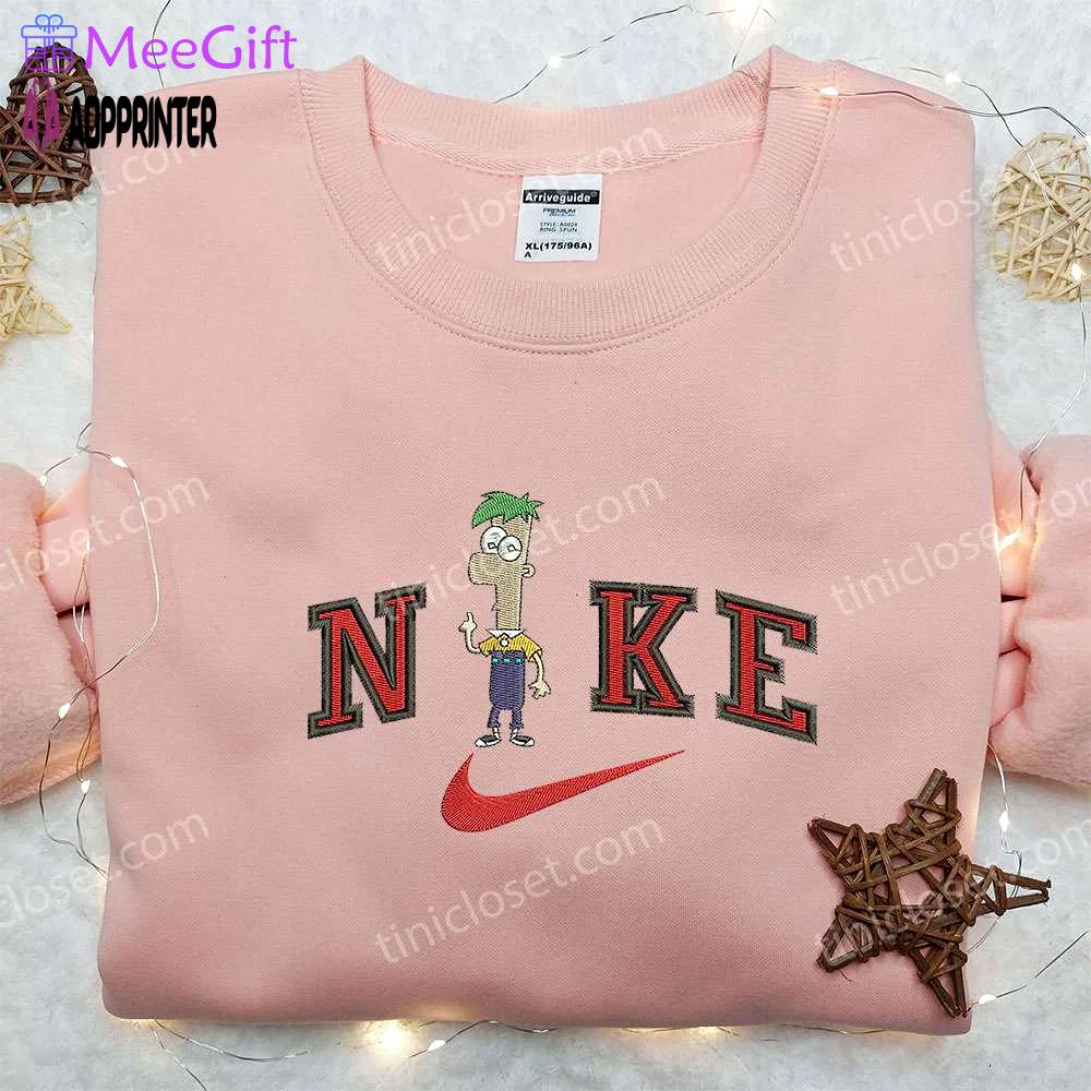 Ferb fletcher x nike embroidered sweatshirt: phineas and ferb cartoon shirt nike inspired design Embroidered Shirt