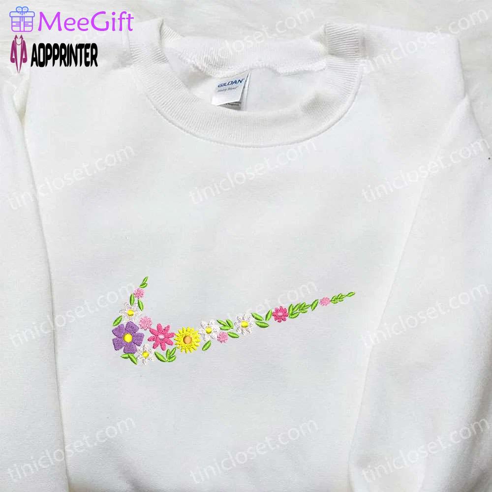 Flowers x nike swoosh embroidered shirt – nike inspired best gift for family Embroidered Shirt