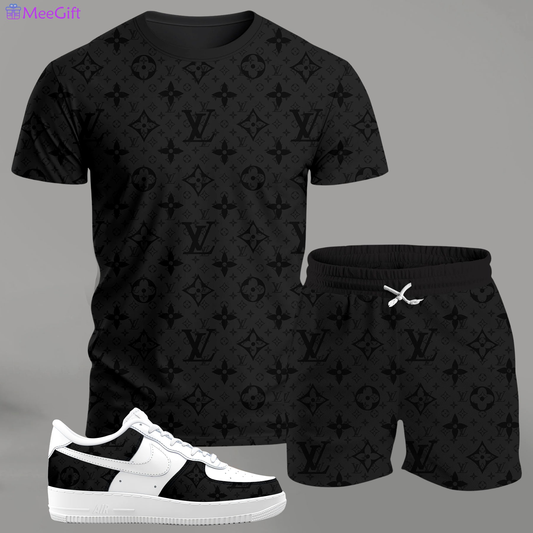 For the girls who love all-black minimal vibes, monogram graphic tee outfit t-shirt – dark tonal pattern | clean girl aesthetic outfit ideas T-Shirt Short Sneakers Set