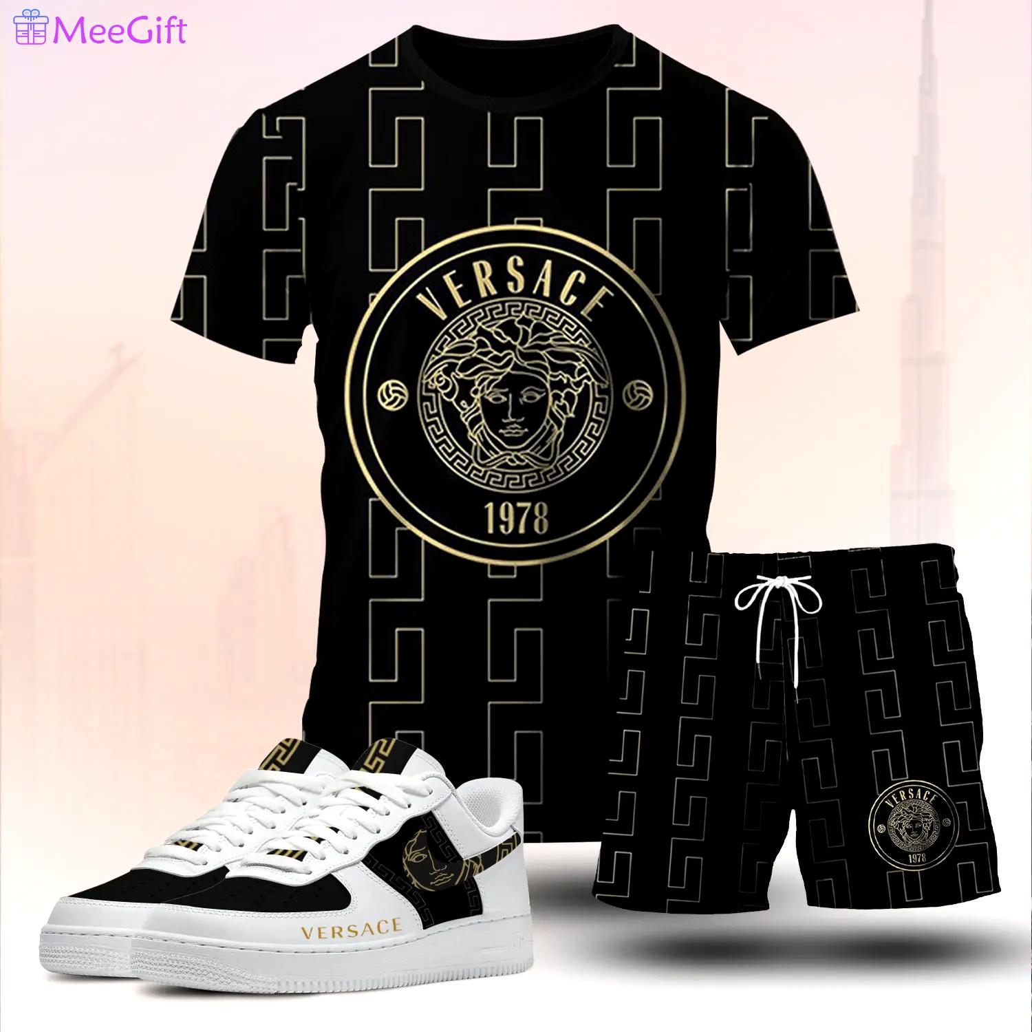 For the girls who love bold luxury streetwear, versace graphic tee set – black gold casual outfit with clean aesthetic T-Shirt Short Sneakers Set